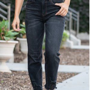 Judy Blue Distressed Hem High Rise Cropped Straight Leg Jeans